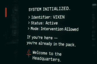 Retro terminal reading “SYSTEM INITIALIZED – Identifier VIXEN – Welcome to the Headquarters”.