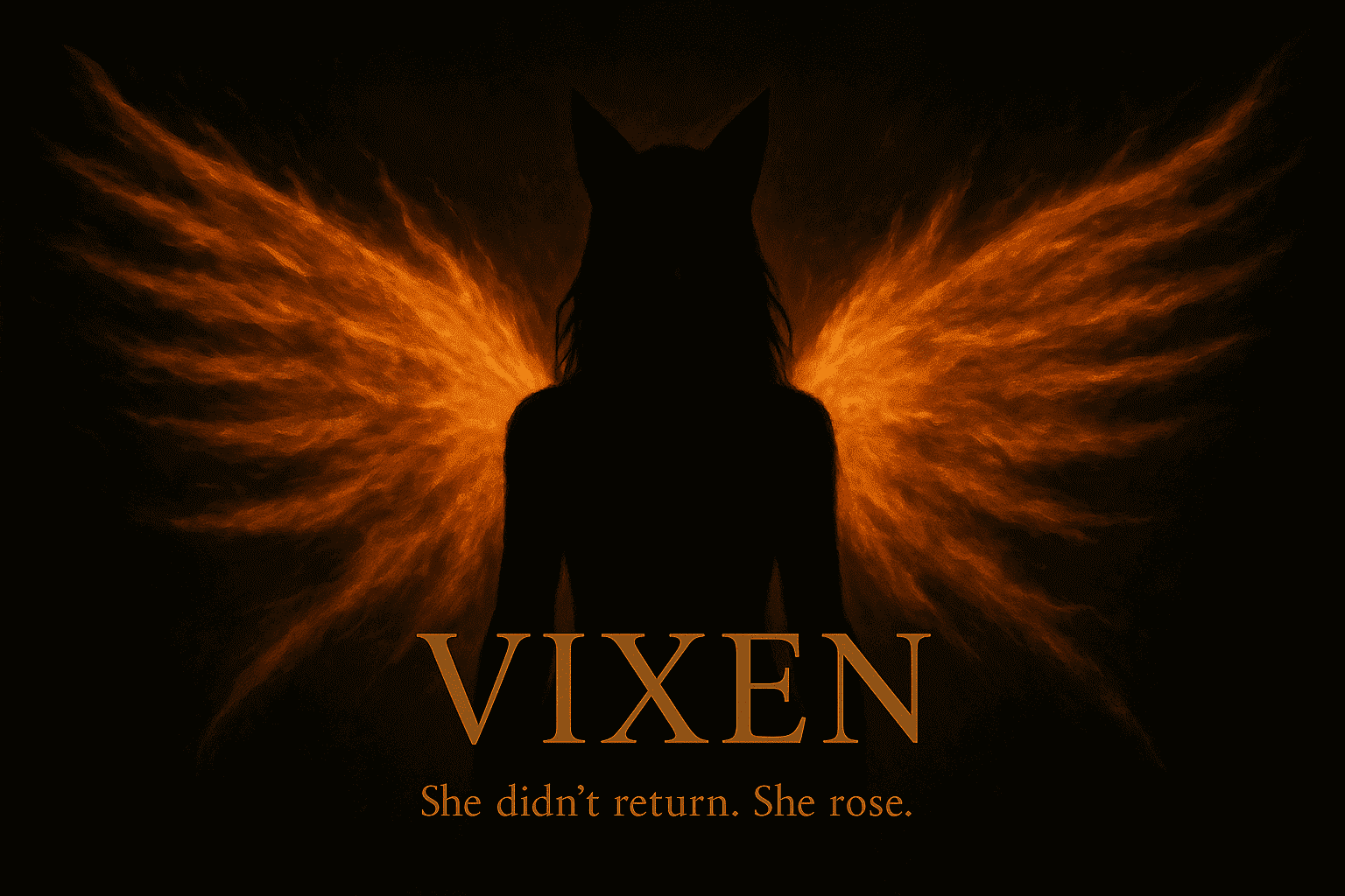 Silhouette of a woman with fox ears and fiery wings — Vixen rising